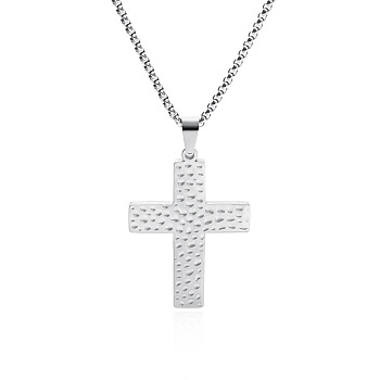 201 Stainless Steel Religion Textured Crosss Pendant Necklaces for Unisex, Tarnish Free, Stainless Steel Color, 23.62 inch(60cm), Pendant: 47x32mm