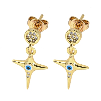 Star Real 18K Gold Plated Brass Dangle Stud Earrings, with Enamel and Cubic Zirconia, White, 20x10.5mm