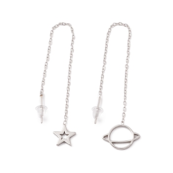 Star & Planet Asymmetrical Earrings Dangle Stud Earrings, 304 Stainless Steel Ear Thread for Women, Stainless Steel Color, 101mm, Pin: 1mm