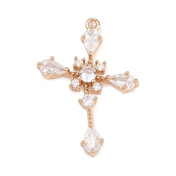 Easter Brass Micro Pave Clear Cubic Zirconia Pendants, Cross Charms, Golden, 27x19.5x3mm, Hole: 1.2mm