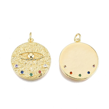 Brass Pave Cubic Zirconia Pendants, with Jump Rings, Nickel Free, Real 18K Gold Plated, Flat Round with Eye, Colorful, 27x24.5x3mm, Jump Ring: 6x1mm, 4mm inner diameter