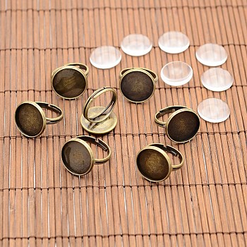 Vintage Brass Ring Components and Clear Glass Cabochons, Nickel Free, Antique Bronze, Tray: 16mm, 17mm, Glass Cabochons: 15.73~16.13mm
