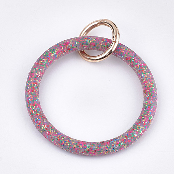 Silicone Bangle Keychains, with Alloy Spring Gate Rings and Glitter Powder, Light Gold, Pale Violet Red, 116mm