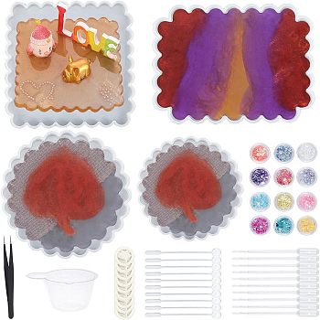 Waved Cup Pad Silicone Molds, with Disposable Plastic Transfer Pipettes and Latex Finger Cots, Anti-static Tweezer and Gradual Change Candy Style Flakes, Mixed Color, 185x14mm