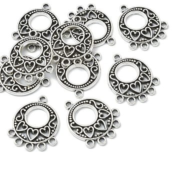 Tibetan Style Alloy Chandelier Component Links, Hollow-out, Cadmium Free & Lead Free, Flat Round with Heart, Antique Silver, 24x20x2mm, Hole: 1.8mm