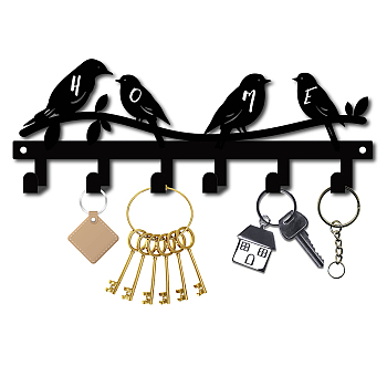 Iron Wall Mounted Hook Hangers, Decorative Organizer Rack with 6 Hooks, for Bag Clothes Key Scarf Hanging Holder, Bird Pattern, Gunmetal, 10x27cm