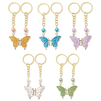 5 Pairs 5 Colors Butterfly Alloy Enamel Keychains, with Glass Pearl Beads and Iron Split Key Rings, Mixed Color, 10cm, 1 pair/color