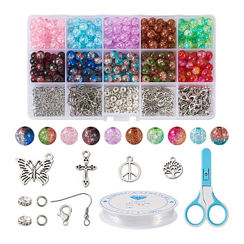 DIY Beaded Dangle Earring Pendant Decoration Making Kit, Including Acrylic Crackle Beads, Butterfly & Peace Sign & Cross Alloy Pendants & Clasps, 304 Stainless Steel Earring Hooks, Scissors, Mixed Color, 617Pcs/bag