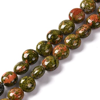 Natural Unakite Beads Strands, Flat Round, 7.5~8x4.5~5mm, Hole: 1.2mm, about 50~51pcsrand, 14.57~15.35 inch(37~39cm)