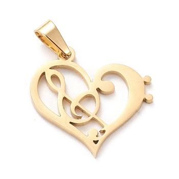 304 Stainless Steel Pendants, Laser Cut, Heart with Musical Note, Golden, 19.5x20x1mm, Hole: 5x3mm