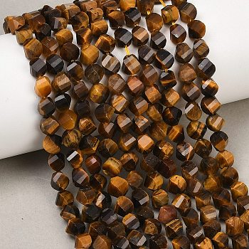 Natural Tiger Eye Beads Strands, Faceted, Twist, 6~6.5x5x5mm, Hole: 1mm, about 58~61pcs/strand, 14.17''~14.69''(36~37.3cm)