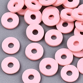 Handmade Polymer Clay Beads, for DIY Jewelry Crafts Supplies, Disc/Flat Round, Heishi Beads, Pink, 8x1mm, Hole: 2mm, about 13000pcs/1000g