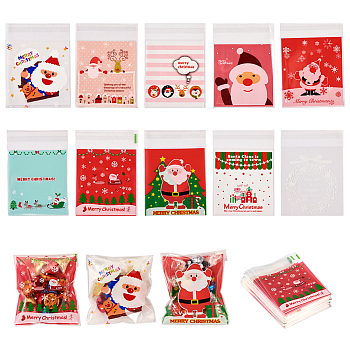 Pandahall 200Pcs 10 Colors Christmas Theme Plastic Bakeware Bag, with Self-adhesive, for Chocolate, Candy, Cookies, Square, Mixed Color, 130x100x0.2mm, 20pcs/color