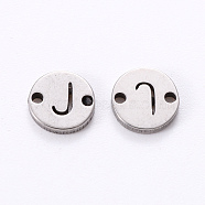 201 Stainless Steel Links, Laser Cut, Flat Round with Letter, Letter.J, 6x6x1mm, Hole: 0.8mm(STAS-R112-01J)