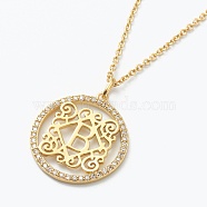 Brass Micro Pave Clear Cubic Zirconia Pendant Necklaces, Flat Round with Letter, Real 18K Gold Plated, Letter.B, 16.14~17.20 inch(41~43.7cm)(NJEW-E153-01B)