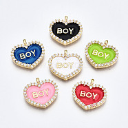 Brass Micro Pave Clear Cubic Zirconia Pendants, with Enamel, Cadmium Free & Nickel Free & Lead Free, Heart with Boy, Real 16K Gold Plated, Mixed Color, 17x18x3mm, Hole: 2mm(ZIRC-S067-050-NR)