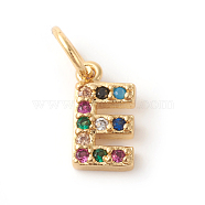 Brass Micro Pave Colorful Cubic Zirconia Charms, Golden, Letter.E, 9x5x2mm, Hole: 3mm(ZIRC-F092-01-E)