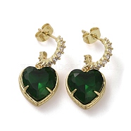 Cubic Zirconia Heart Dangle Stud Earrings, Real 16K Gold Plated Brass Half Hoop Earrings, Sea Green, 27.5x13.5mm(EJEW-H308-09G-05)