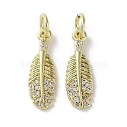 Rack Plating Brass Cubic Zirconia Pendants, Lead Free & Cadmium Free, Feather, Real 18K Gold Plated, 17x5.5x2mm(KK-M272-08G)