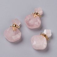 Rhombus Natural Rose Quartz Perfume Bottle Pendants, with 304 Stainless Steel Findings, Faceted, Golden, 26~27x17~17.5x8~8.5mm, Hole: 1.4mm, Capacity: about 2ml(0.06 fl. oz)(G-H241-01B-G)