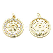 Brass Micro Pave Clear Cubic Zirconia Pendants, with Brass Jump Rings, Nickel Free, Flat Round with Bird, Real 18K Gold Plated, 24.5x21.5x2.5mm, Jump Ring: 5mm in diameter, 1mm thick, 3mm inner diameter(ZIRC-N039-246)