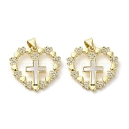 Brass Micro Pave Cubic Zirconia Pendants, with Shell, Real 18K Gold Plated, Heart with Cross, Clear, 22x23.5x2.5mm, Hole: 3.5x4mm(KK-I708-18A-G)