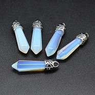 Bullet Platinum Plated Alloy Opal Pointed Pendants, Cadmium Free & Lead Free, 33~40x8~9mm, Hole: 3x4mm(G-F228-06K-RS)