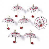 Printed Acrylic Pendants, with ABS Plastic Imitation Pearl and Golden Plated Brass Loops, Umbrella with Heart Pattern, Red, 20~21x20x20mm, Hole: 1.6mm(X-KY-S163-093B-01)