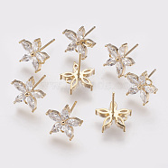Brass Cubic Zirconia Ear Stud Findings, with Loop, Nickel Free, Real 18K Gold Plated, Flower, 11.5x12mm, Hole: 1.5mm, pin: 0.5mm(X-KK-S336-29G)