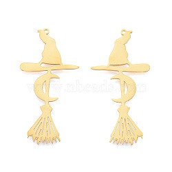 Halloween 201 Stainless Steel Big Pendants, Laser Cut, Witch Hat with Witch Broom, Real 18K Gold Plated, 57x27.5x1mm, Hole: 1.5mm(STAS-N090-LA984-2)
