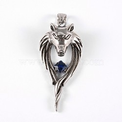 316 Surgical Stainless Steel Sapphire Big Pendants, Wolf, 59x27x15mm, Hole: 8x5mm(STAS-E070-32A)