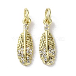 Rack Plating Brass Cubic Zirconia Pendants, Lead Free & Cadmium Free, Feather, Real 18K Gold Plated, 17x5.5x2mm(KK-M272-08G)