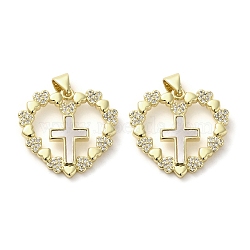 Brass Micro Pave Cubic Zirconia Pendants, with Shell, Real 18K Gold Plated, Heart with Cross, Clear, 22x23.5x2.5mm, Hole: 3.5x4mm(KK-I708-18A-G)