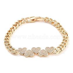 Cubic Zirconia Link Bracelet with Golden Brass Curb Chains, Long-Lasting Plated, Heart, 7-1/2 inch(19cm)(BJEW-C055-06I-G)