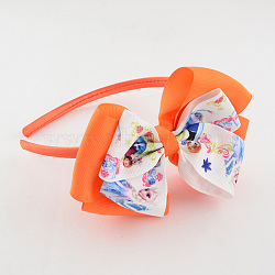 Girls' Kawaii Bowknot Hair Bands, Plastic Hair Bands with Printed Grosgrain Ribbon, Dark Orange, 110mm(OHAR-R214-05)