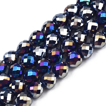 Electroplate Opaque Solid Color Glass Beads Strands, AB Color Plated, Faceted, Strawberry, Midnight Blue, 6x6mm, Hole: 1.4mm, about 100pcs/strand, 24.02 inch(61cm)