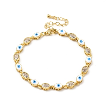 Enamel Evil Eye & Glass Oval Link Chain Bracelet, Golden Brass Jewelry for Women, White, 7-1/4 inch(18.3cm)
