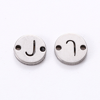 201 Stainless Steel Links, Laser Cut, Flat Round with Letter, Letter.J, 6x6x1mm, Hole: 0.8mm
