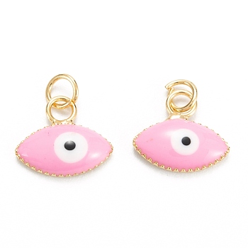 Brass Enamel Pendants, Real 18K Gold Plated, Long-Lasting Plated, Evil Eye, Pink, 10x11x2mm, Hole: 2.6mm