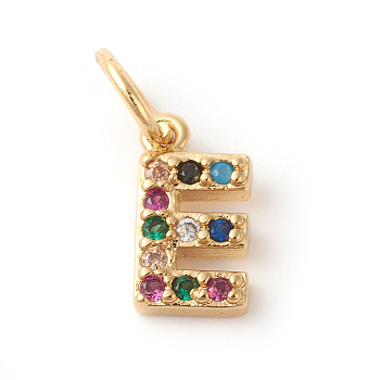 Brass Micro Pave Colorful Cubic Zirconia Charms, Golden, Letter.E, 9x5x2mm, Hole: 3mm
