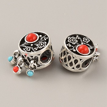 Tibetan Style Alloy European Dangle Charms, Large Hole Pendants, with Synthetic Turquoise Beads, Flat Round with Plum Blossom Pattern, Antique Silver, 18x11.5x12mm, Hole: 4.8mm