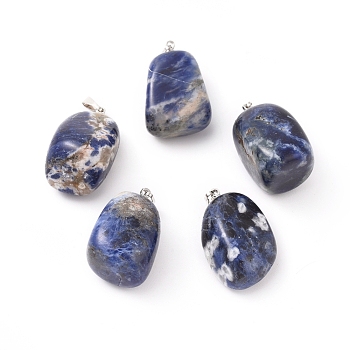Natural Sodalite Pendants, with Platinum Tone Brass Findings, Nuggets, 23~30x13~22x12~20mm, Hole: 5x3mm