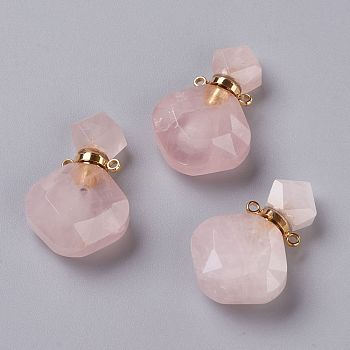 Rhombus Natural Rose Quartz Perfume Bottle Pendants, with 304 Stainless Steel Findings, Faceted, Golden, 26~27x17~17.5x8~8.5mm, Hole: 1.4mm, Capacity: about 2ml(0.06 fl. oz)