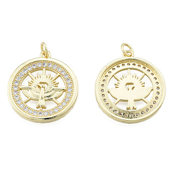 Brass Micro Pave Clear Cubic Zirconia Pendants, with Brass Jump Rings, Nickel Free, Flat Round with Bird, Real 18K Gold Plated, 24.5x21.5x2.5mm, Jump Ring: 5mm in diameter, 1mm thick, 3mm inner diameter