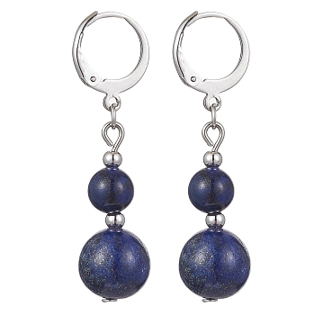 Round Natural Lapis Lazuli Dangle Earrings, 304 Stainless Steel Leverback Earring for Women, 40~41x10~10.5mm