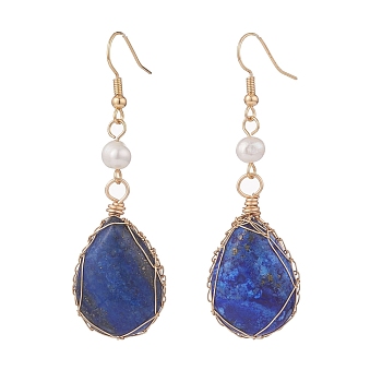 Natural Lapis Lazuli Teardrop Dangle Earrings with Natural Pearl, Brass Wire Wrap Drop Earrings for Women, Golden, 62mm, Pin: 0.6mm