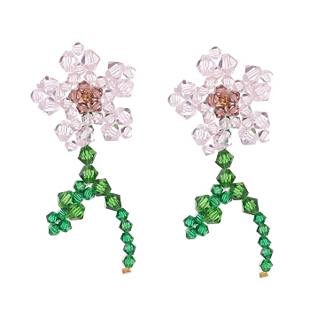 Imitation Austrian Crystal Flower of Life Dangle Stud Earrings, Glass Beads Drop Earrings, Pink, 75x30mm, Pin: 0.6mm
