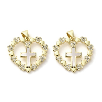 Brass Micro Pave Cubic Zirconia Pendants, with Shell, Real 18K Gold Plated, Heart with Cross, Clear, 22x23.5x2.5mm, Hole: 3.5x4mm