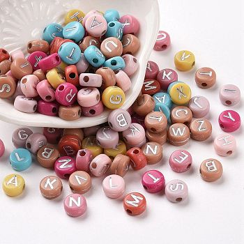 Opaque Mixed Color Acrylic Beads, Metal Enlaced, Flat Round with Random Letters, Silver Plated, 7x4mm, Hole: 1.8mm, about 3700pcs/500g