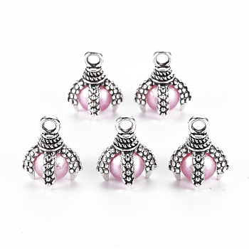 Tibetan Style Alloy Charms, ABS Plastic Imitation Pearl Beads, Cadmium Free & Lead Free, Claw, Pearl Pink, 14x11x11mm, Hole: 2mm